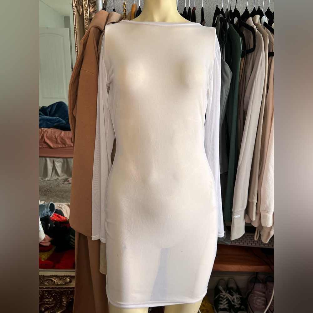 Sheer White Long Sleeve Bodycon Dress